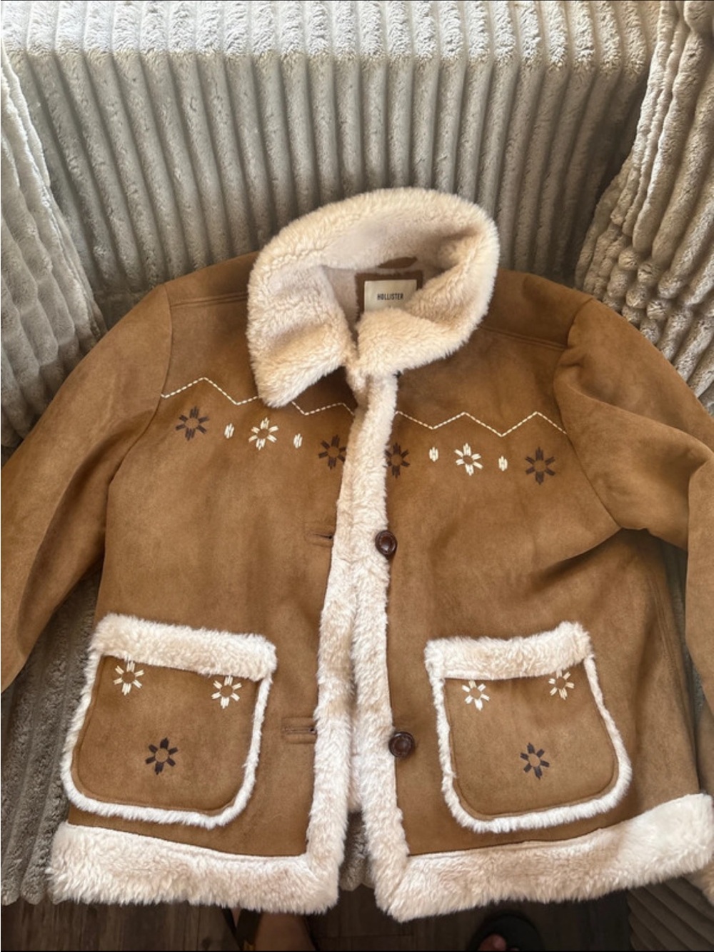 Hollister Tan Suede Teddy Jacket with Cream Faux-Shearling Trim